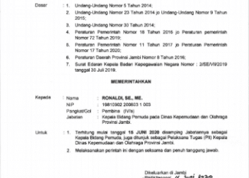 Surat Resmi Gubernur Jambi Penunjukan PLT Kadiskepora (Foto: doc/Humas Pemprov Jambi)