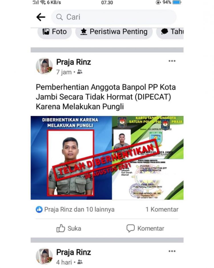 Dua Oknum Satpol PP Kota Jambi DIpecat