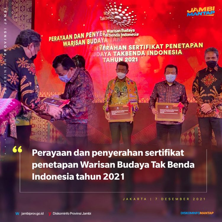 Al HAris Gubernur Jambi terima 3 Sertifikat Warisan Budaya Tak Benda 2021/ Ist