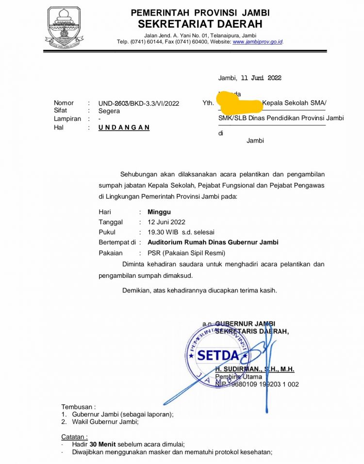Petikan surat undangan pelantikan kepsek SMA SMK SLB/doc.ist