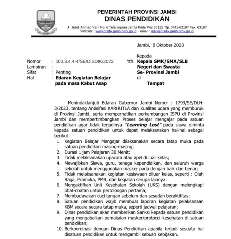 Berikut Surat Ederan Disdik Jambi. Foto: Dok Disdik Jambi