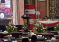 Al Haris saat menyampaikan sambutan pada paripurna HUT ke 67 provinsi Jambi di gedung DPRD Provinsi Sabtu 6 Januari 2024/ ( Foto: Alan)