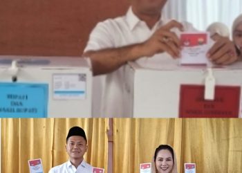 Pasangan Hurmin - Gerry Berikan Hak Suara Di TPS Masing - Masing Kompak Memakai Kemeja Putih