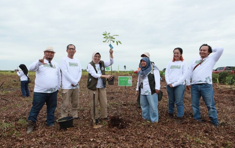 PT SAS akan merehabilitasi lahan hutan seluas 2018 hektar dengan total 1,4 juta tanaman. Terlihat Direktur TKTRH Kemenhut RI Ir Handayaningsih, didampingi Direktur PT SAS Kameswara Helly dan jajaran manajemen group saat menanam perdana bibit di Kawasan Hutan Gambut Londrang Kamis (23/10/2025).