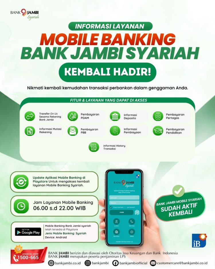 Mobile Banking Bank Jambi Syariah Kembali Aktif di Android